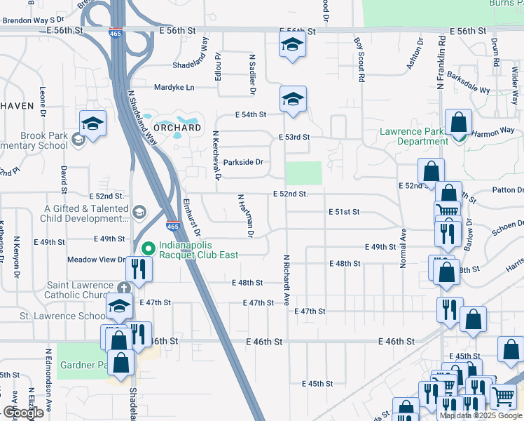 map of restaurants, bars, coffee shops, grocery stores, and more near 5105 North Hartman Drive in Indianapolis