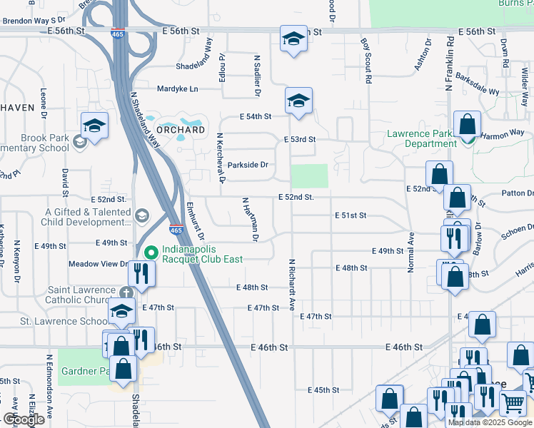 map of restaurants, bars, coffee shops, grocery stores, and more near 5105 North Hartman Drive in Indianapolis
