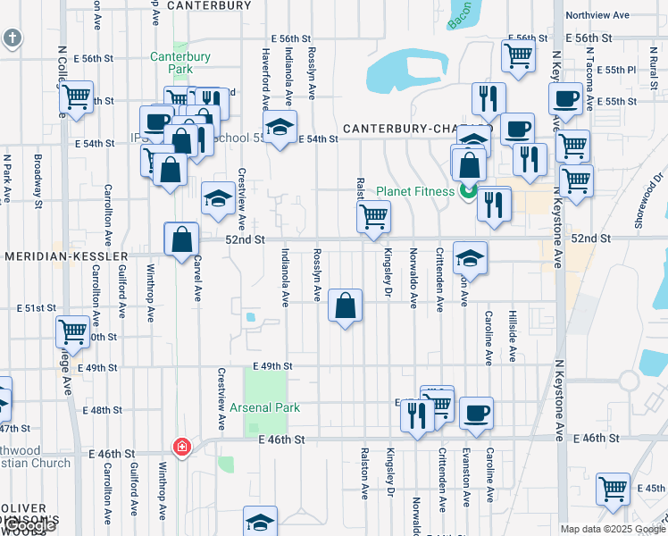 map of restaurants, bars, coffee shops, grocery stores, and more near 5128 Primrose Avenue in Indianapolis