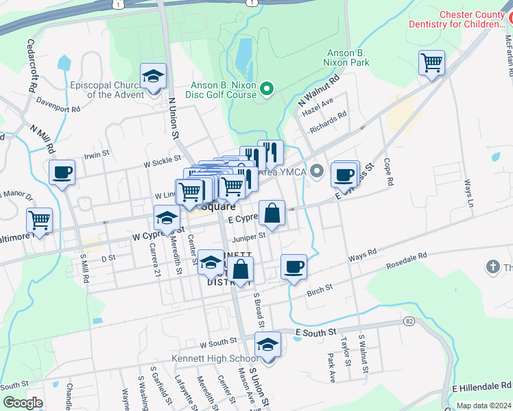 map of restaurants, bars, coffee shops, grocery stores, and more near 120 Marshall Street in Kennett Square