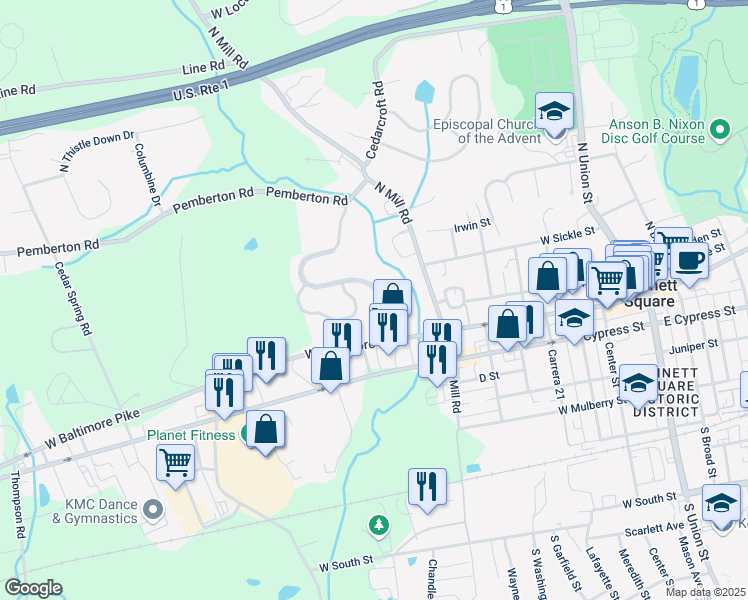map of restaurants, bars, coffee shops, grocery stores, and more near 107 Penns Manor Drive in Kennett Square