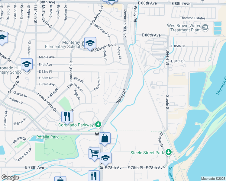 map of restaurants, bars, coffee shops, grocery stores, and more near 1579 Vista Lane in Denver