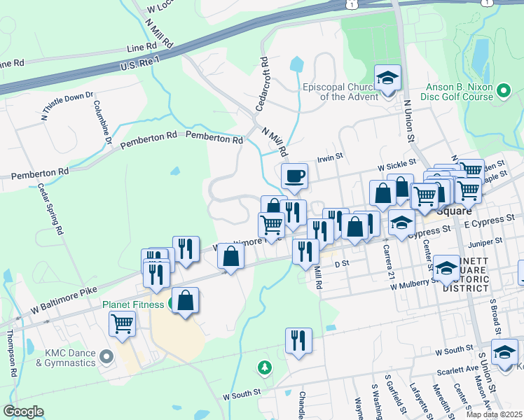 map of restaurants, bars, coffee shops, grocery stores, and more near 107 Penns Manor Drive in Kennett Square