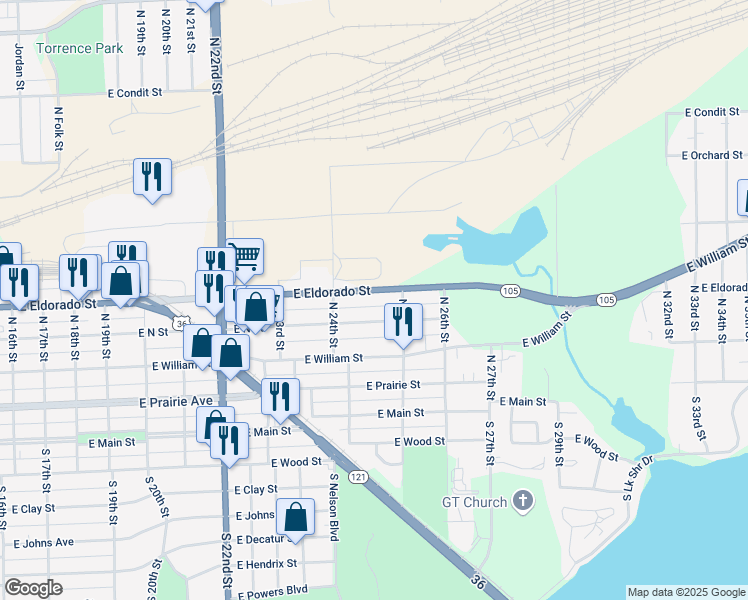 map of restaurants, bars, coffee shops, grocery stores, and more near 2400-2498 East North Street in Decatur