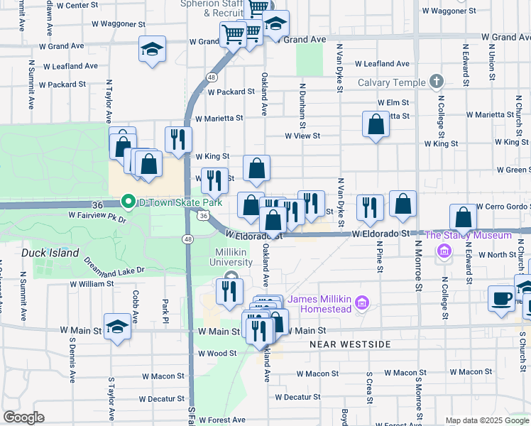 map of restaurants, bars, coffee shops, grocery stores, and more near 598 North Oakland Avenue in Decatur