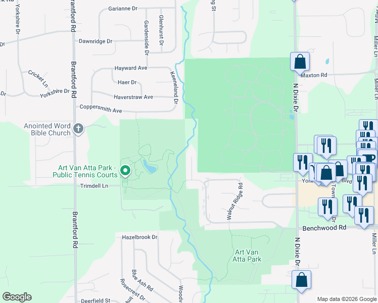 map of restaurants, bars, coffee shops, grocery stores, and more near 3161 Autumn Ridge Court in Dayton