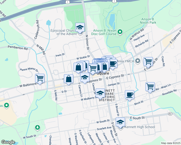 map of restaurants, bars, coffee shops, grocery stores, and more near 181 West State Street in Kennett Square