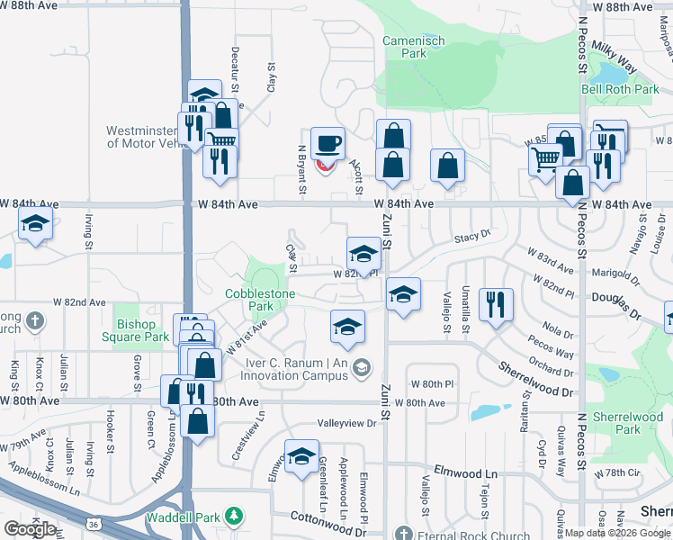 map of restaurants, bars, coffee shops, grocery stores, and more near 2552 West 82nd Lane in Westminster