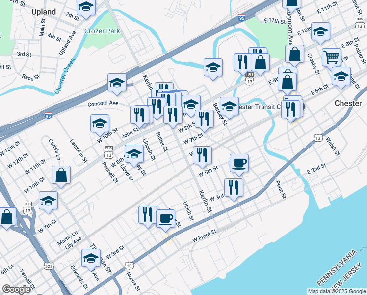 map of restaurants, bars, coffee shops, grocery stores, and more near 627-629 West 7th Street in Chester