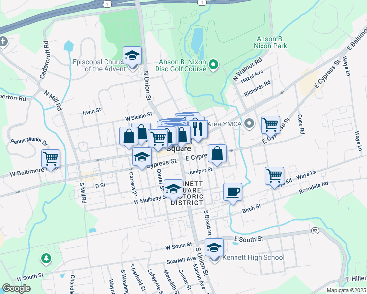 map of restaurants, bars, coffee shops, grocery stores, and more near 123 South Union Street in Kennett Square