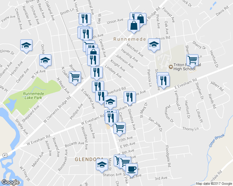 map of restaurants, bars, coffee shops, grocery stores, and more near 50 Haverford Road in Runnemede