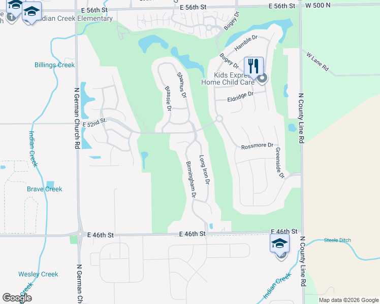 map of restaurants, bars, coffee shops, grocery stores, and more near 5006 Birmingham Drive in Indianapolis