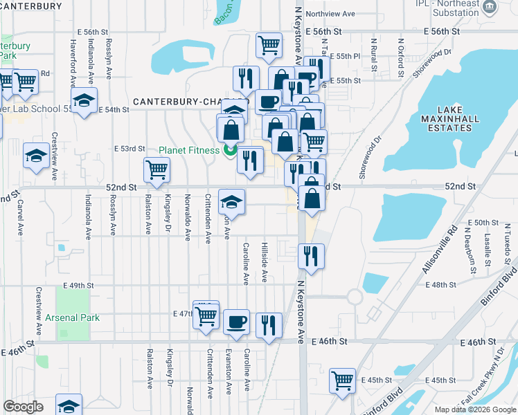 map of restaurants, bars, coffee shops, grocery stores, and more near 5121 Hillside Avenue in Indianapolis