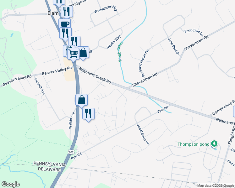 map of restaurants, bars, coffee shops, grocery stores, and more near 4101 Century Lane in Chadds Ford