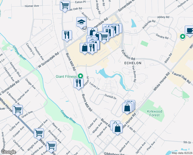 map of restaurants, bars, coffee shops, grocery stores, and more near 601 Britton Place in Voorhees Township