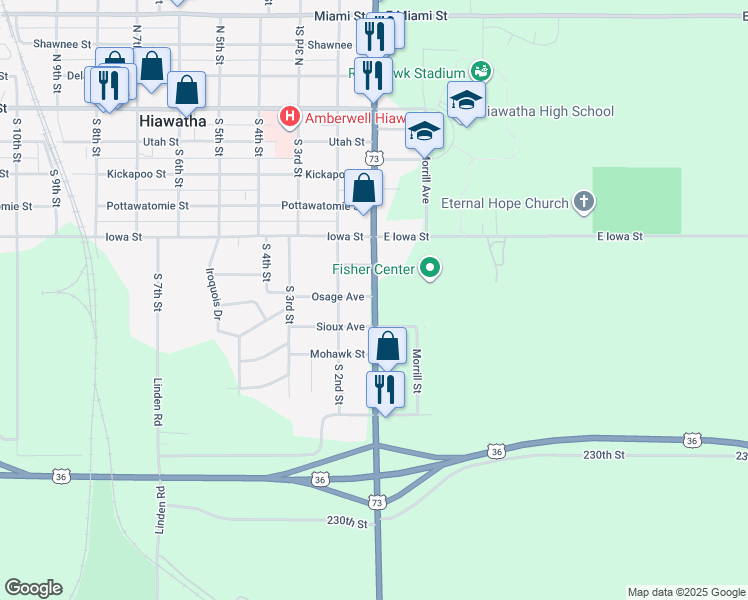 map of restaurants, bars, coffee shops, grocery stores, and more near 706 South 1st Street in Hiawatha