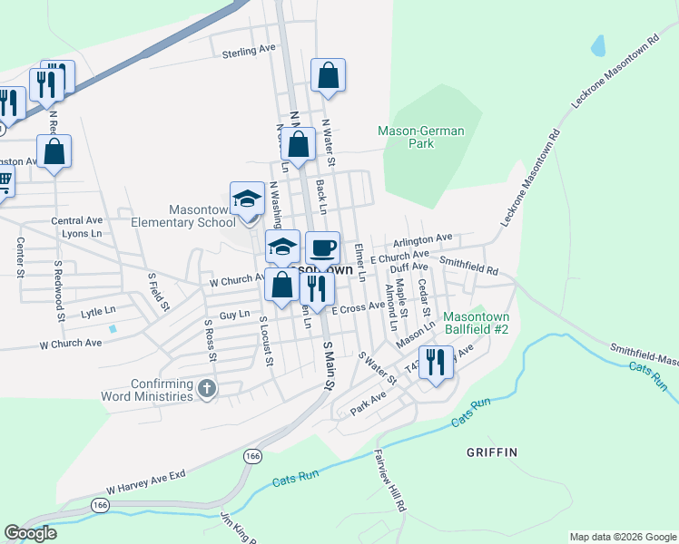 map of restaurants, bars, coffee shops, grocery stores, and more near 25 North Main Street in Masontown