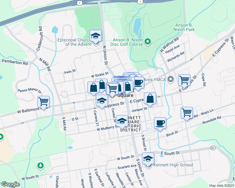 map of restaurants, bars, coffee shops, grocery stores, and more near 119 West Cypress Street in Kennett Square