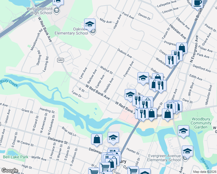 map of restaurants, bars, coffee shops, grocery stores, and more near 510 Shields Avenue in Woodbury