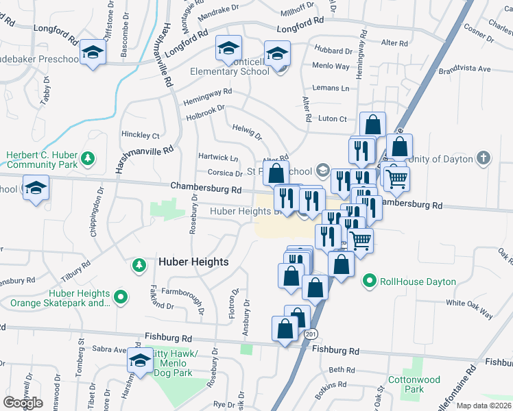 map of restaurants, bars, coffee shops, grocery stores, and more near 6020 Chambersburg Road in Dayton