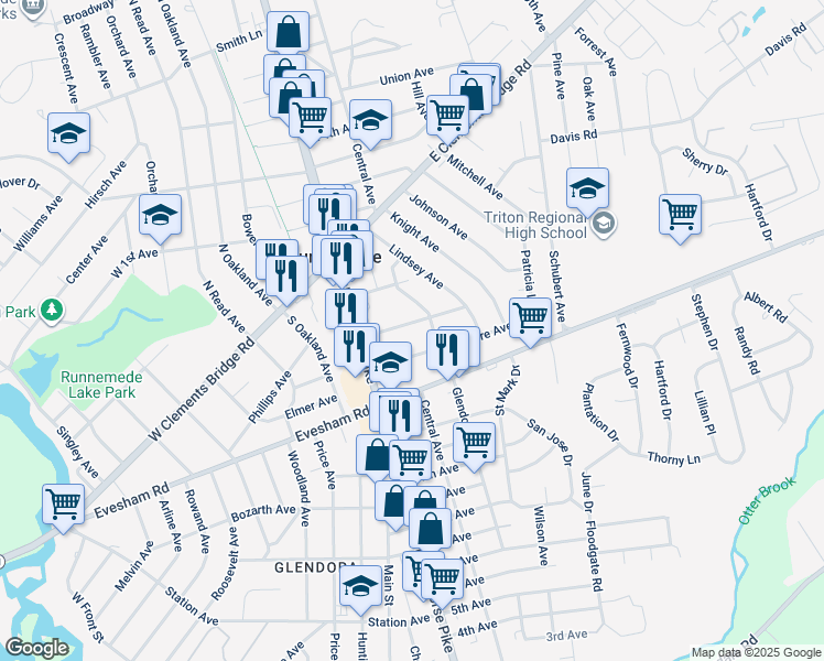 map of restaurants, bars, coffee shops, grocery stores, and more near 50 Haverford Road in Runnemede