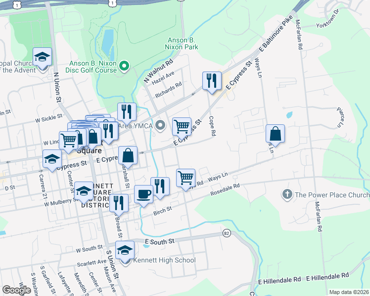map of restaurants, bars, coffee shops, grocery stores, and more near 600 Cope Road in Kennett Square