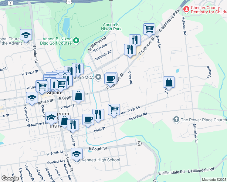 map of restaurants, bars, coffee shops, grocery stores, and more near 600 East Cope Street in Kennett Square