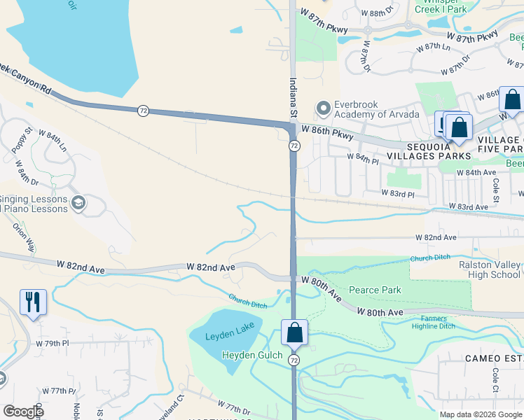map of restaurants, bars, coffee shops, grocery stores, and more near 8333 Indiana Street in Arvada