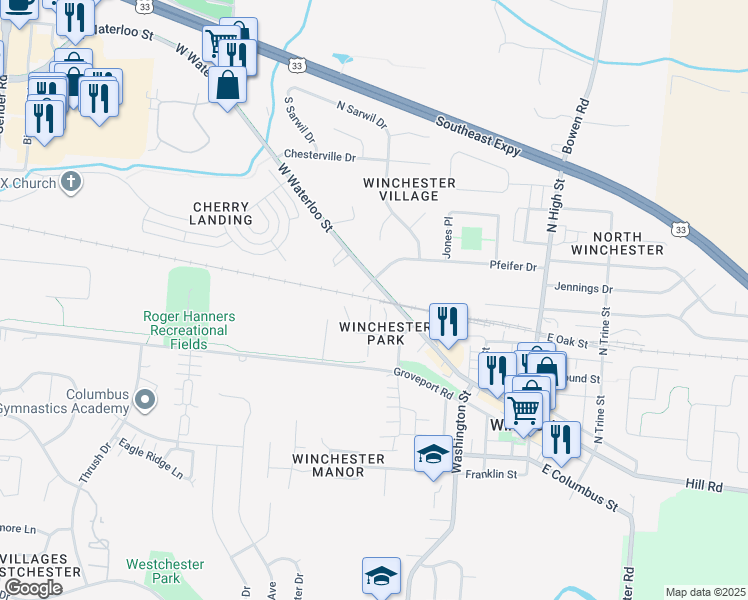 map of restaurants, bars, coffee shops, grocery stores, and more near 6715 Three Fountains Way in Canal Winchester