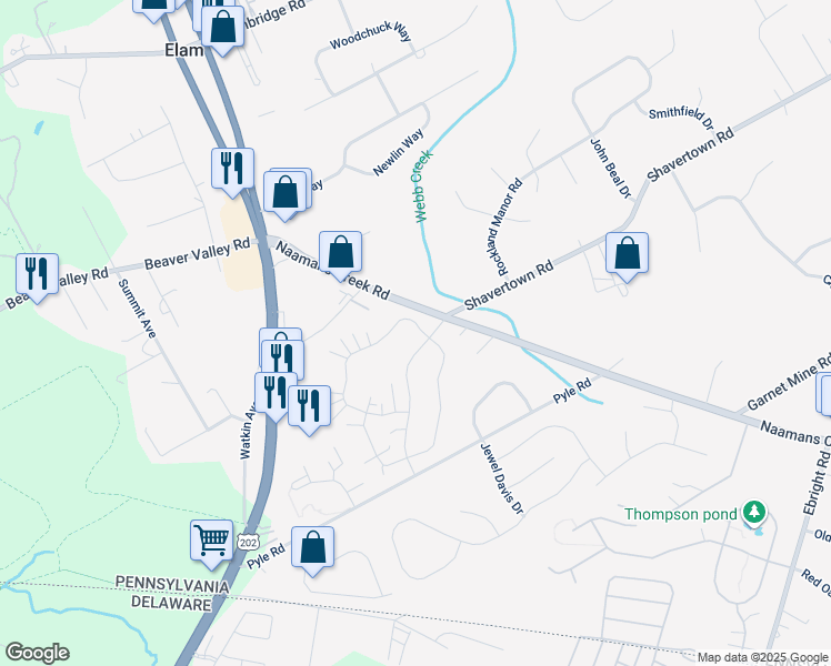 map of restaurants, bars, coffee shops, grocery stores, and more near 4101 Century Lane in Chadds Ford
