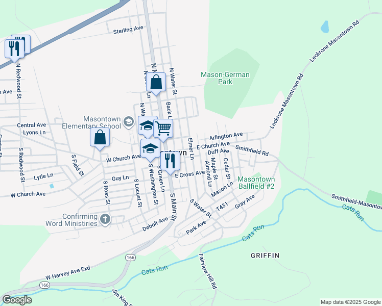 map of restaurants, bars, coffee shops, grocery stores, and more near 16 Elmer Lane in Masontown