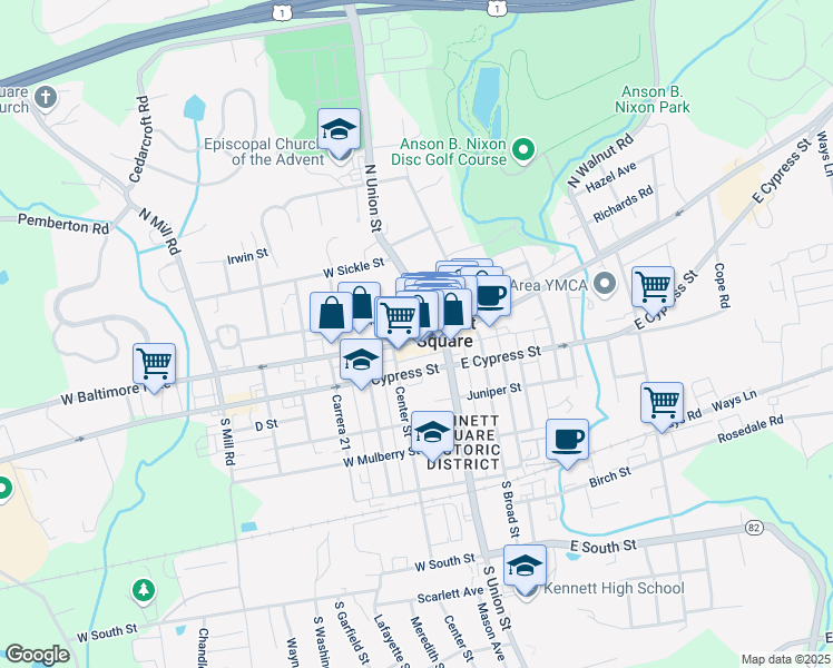 map of restaurants, bars, coffee shops, grocery stores, and more near 125 West State Street in Kennett Square