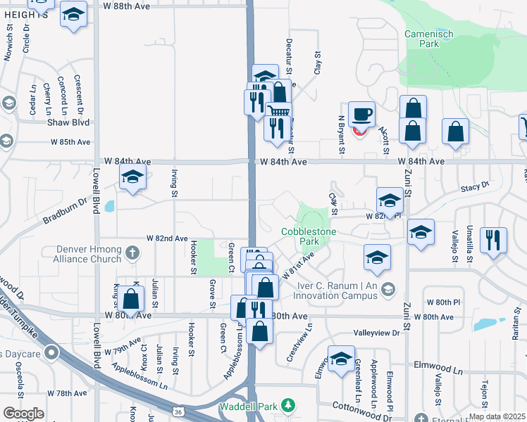 map of restaurants, bars, coffee shops, grocery stores, and more near 8290 Federal Boulevard in Westminster
