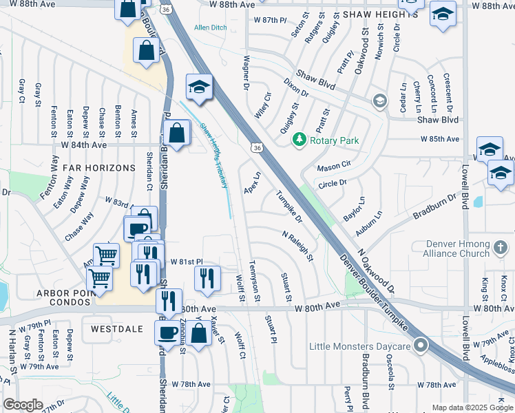 map of restaurants, bars, coffee shops, grocery stores, and more near 8220 Tennyson Street in Westminster
