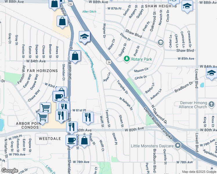 map of restaurants, bars, coffee shops, grocery stores, and more near 8220 Tennyson Street in Westminster