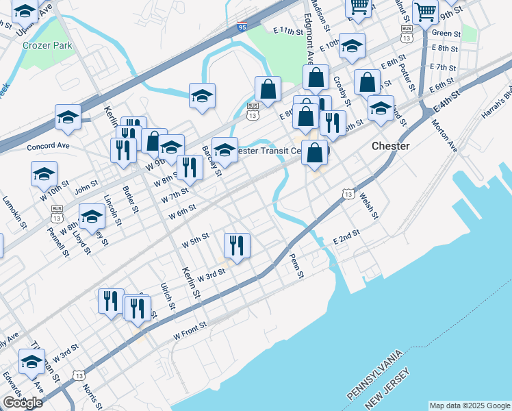 map of restaurants, bars, coffee shops, grocery stores, and more near 231 West 5th Street in Chester