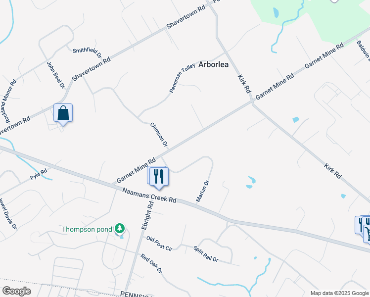 map of restaurants, bars, coffee shops, grocery stores, and more near 3628 Garnet Mine Road in Garnet Valley