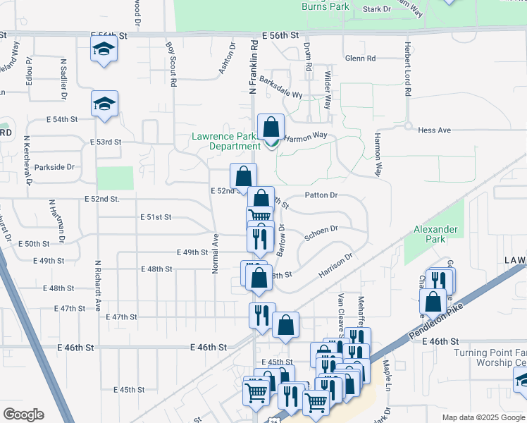 map of restaurants, bars, coffee shops, grocery stores, and more near 4981 North Franklin Road in Indianapolis