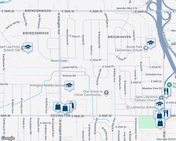 map of restaurants, bars, coffee shops, grocery stores, and more near 5030 Mark Lane in Indianapolis