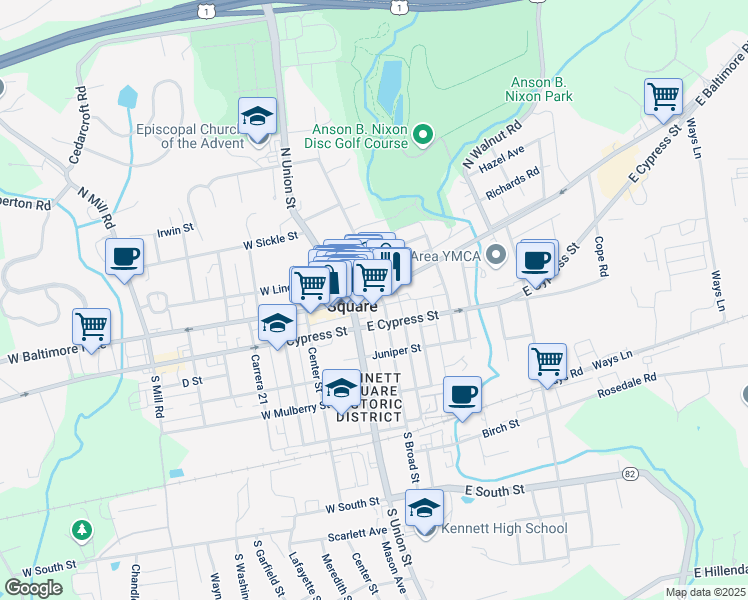 map of restaurants, bars, coffee shops, grocery stores, and more near 123 South Union Street in Kennett Square