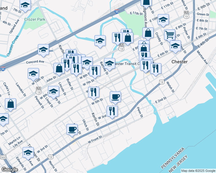 map of restaurants, bars, coffee shops, grocery stores, and more near 318 Patterson Street in Chester