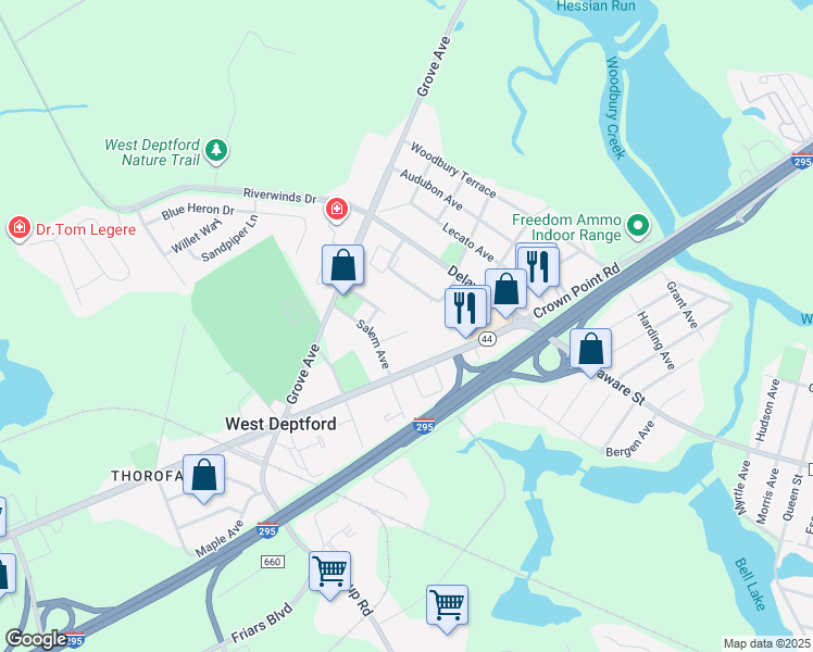 map of restaurants, bars, coffee shops, grocery stores, and more near 151 Evan Court in West Deptford
