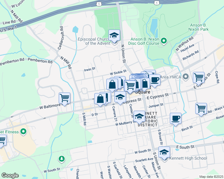 map of restaurants, bars, coffee shops, grocery stores, and more near 106 Lincoln Street in Kennett Square