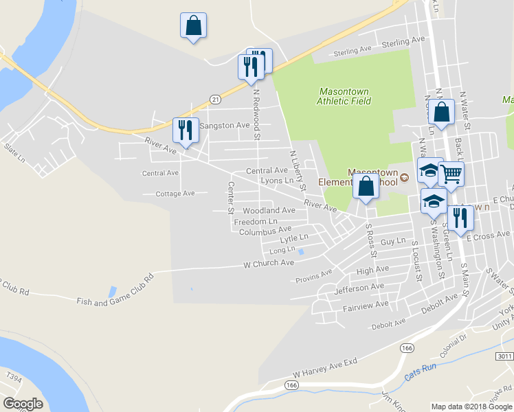 map of restaurants, bars, coffee shops, grocery stores, and more near 30 South Redwood Street in Masontown