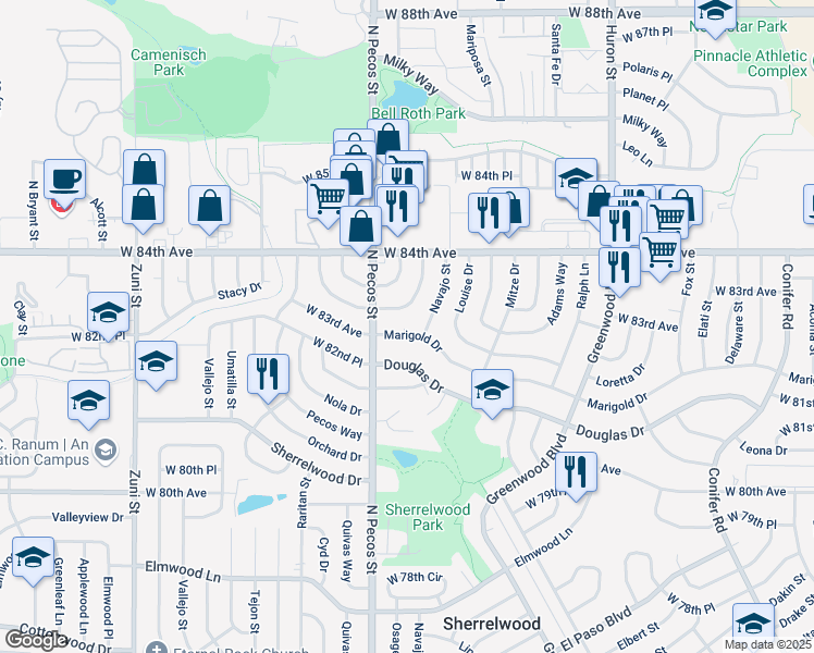 map of restaurants, bars, coffee shops, grocery stores, and more near 8324 Charlotte Way in Denver