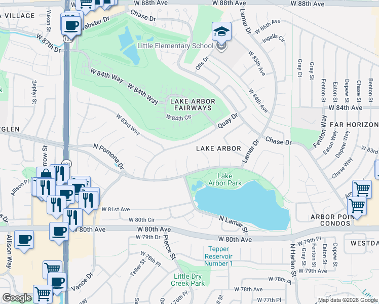 map of restaurants, bars, coffee shops, grocery stores, and more near 8272 Otis Court in Arvada