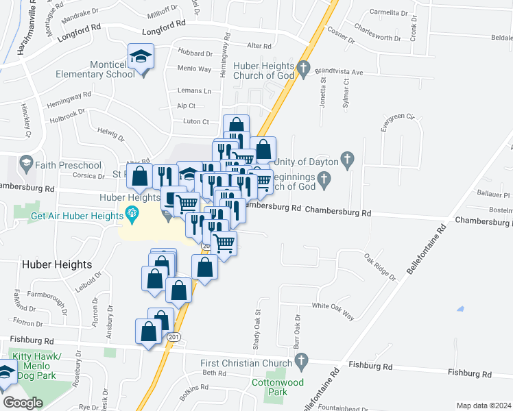 map of restaurants, bars, coffee shops, grocery stores, and more near 6535 Chambersburg Road in Huber Heights