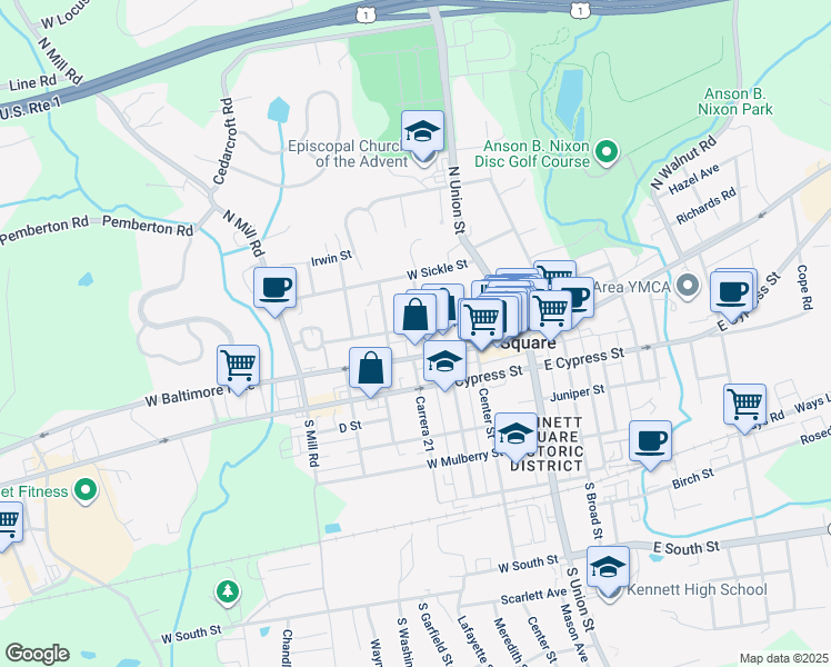 map of restaurants, bars, coffee shops, grocery stores, and more near 106 Lincoln Street in Kennett Square