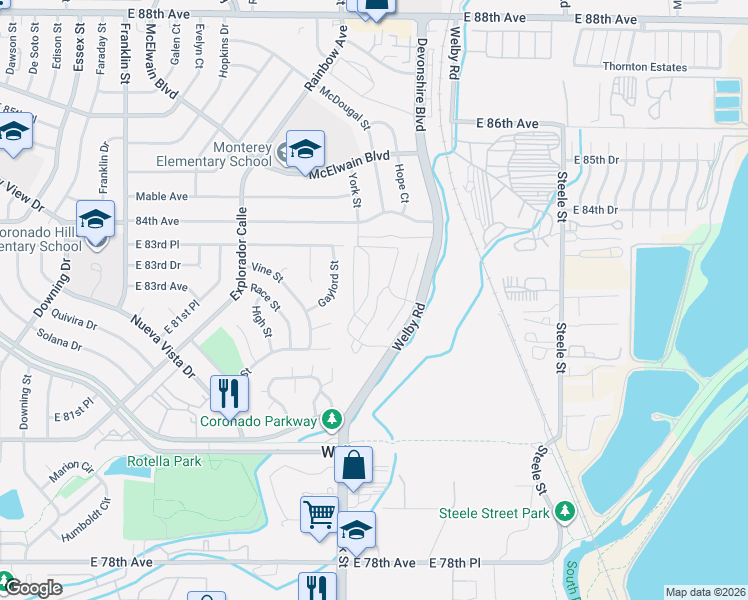 map of restaurants, bars, coffee shops, grocery stores, and more near 8199 Welby Road in Thornton