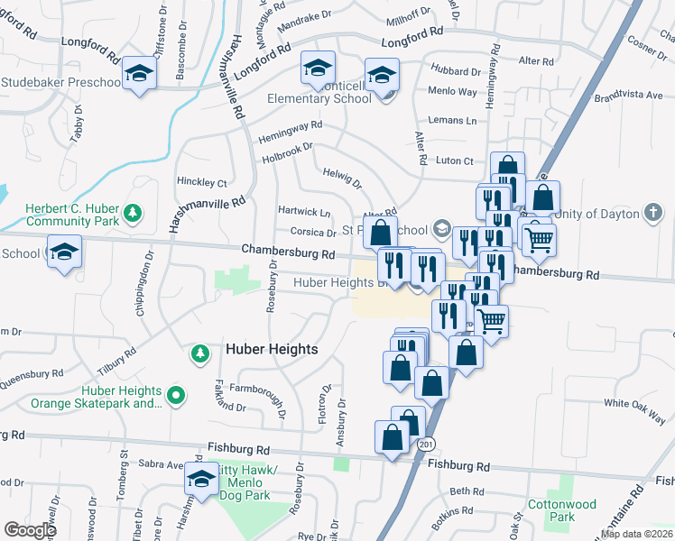 map of restaurants, bars, coffee shops, grocery stores, and more near 5967 Chambersburg Road in Huber Heights